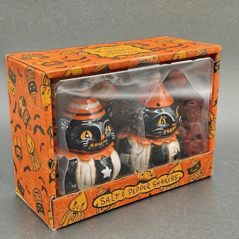 Johanna Parker Halloween Salt & Pepper Shakers Black Cat Clown Pumpkin Set NEW
